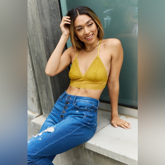 Ribbed Lace Boho Racerback Bralette in Straw - Picture 1 of 3